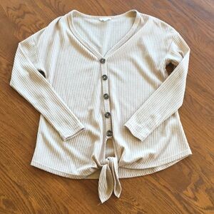Beige long sleeve waffle shirt with Tie Front